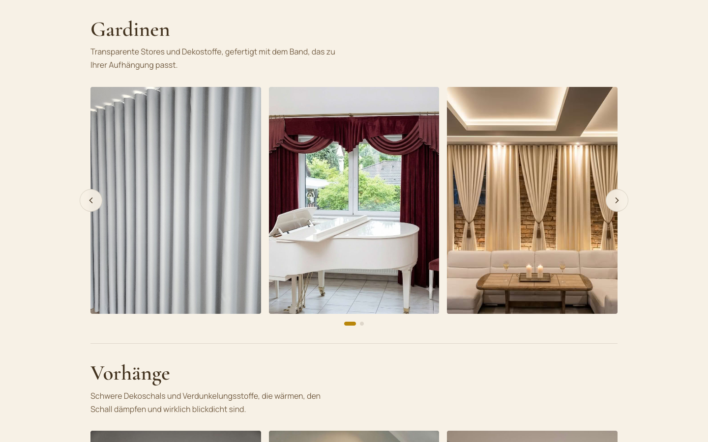 Galerie von gardinen-ideen.de mit drei Fotos genähter Gardinen