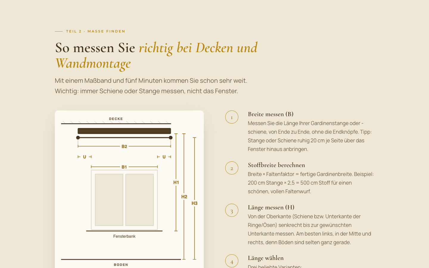 Anleitung „So messen Sie richtig bei Decken und Wandmontage“ auf gardinen-ideen.de mit Maßskizze